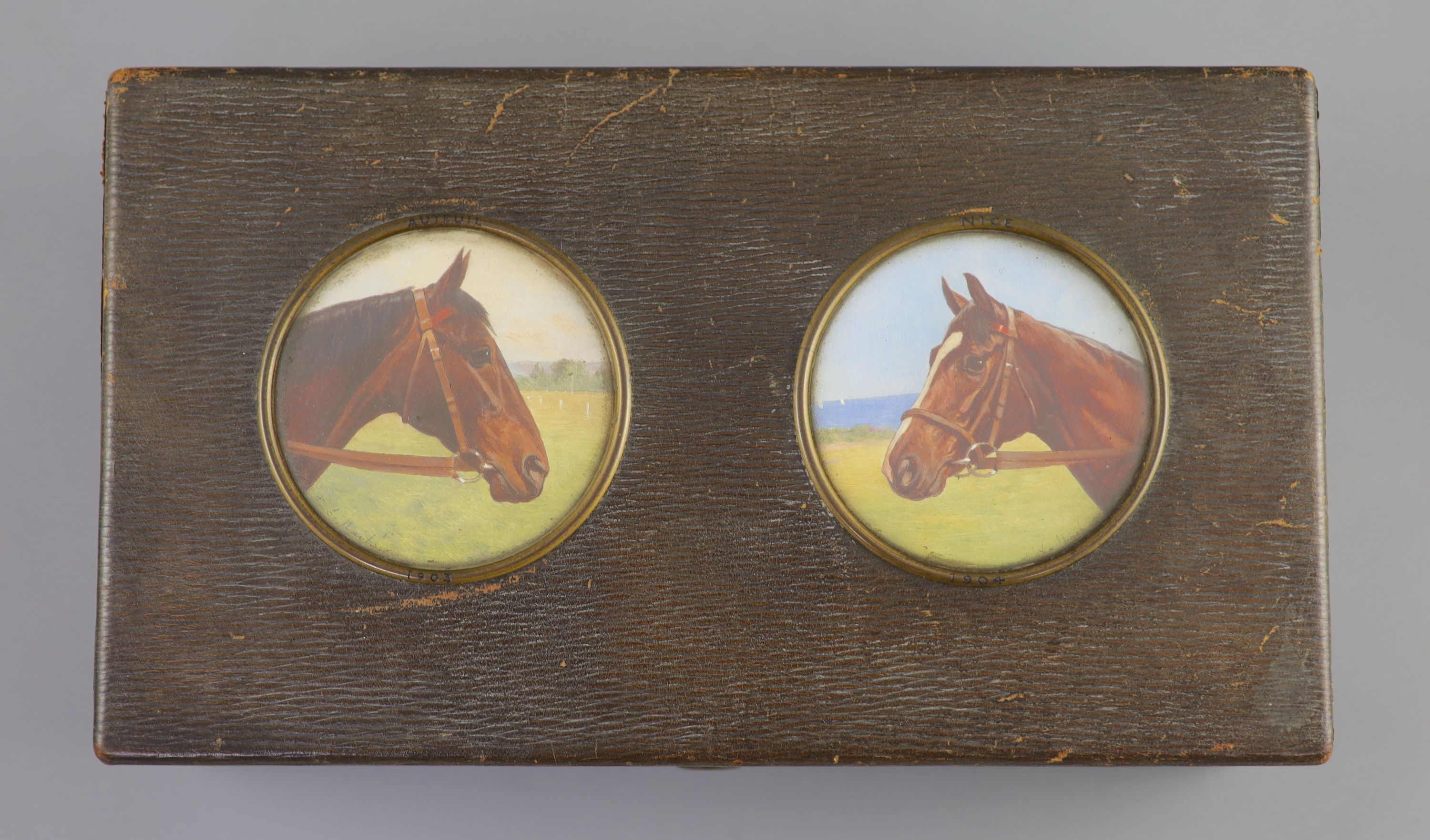 Marie Joseph Le Nail (French, 1842-1927), Portraits of the racehorses Veinard & Killarney, Watercolour and gouache (2), Tondo 8cm. Box 29cm.